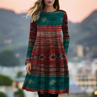 Women's A-Line Dress - Bohemian Geometric Print - Long Sleeve Knee-Length Casual Wear