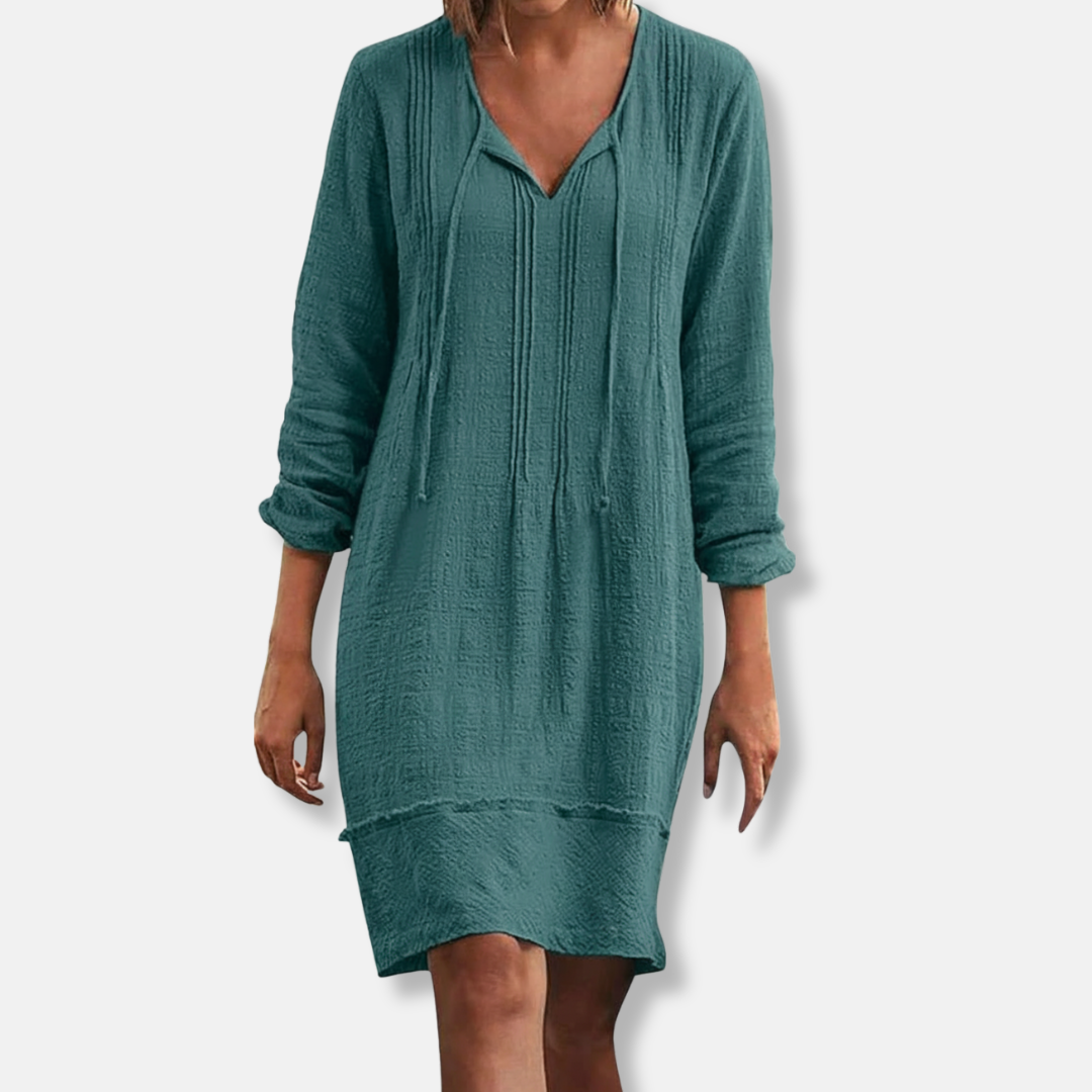 Women's Casual Dress - Knee Length - V-Neck - Long Sleeve Lightweight Textured