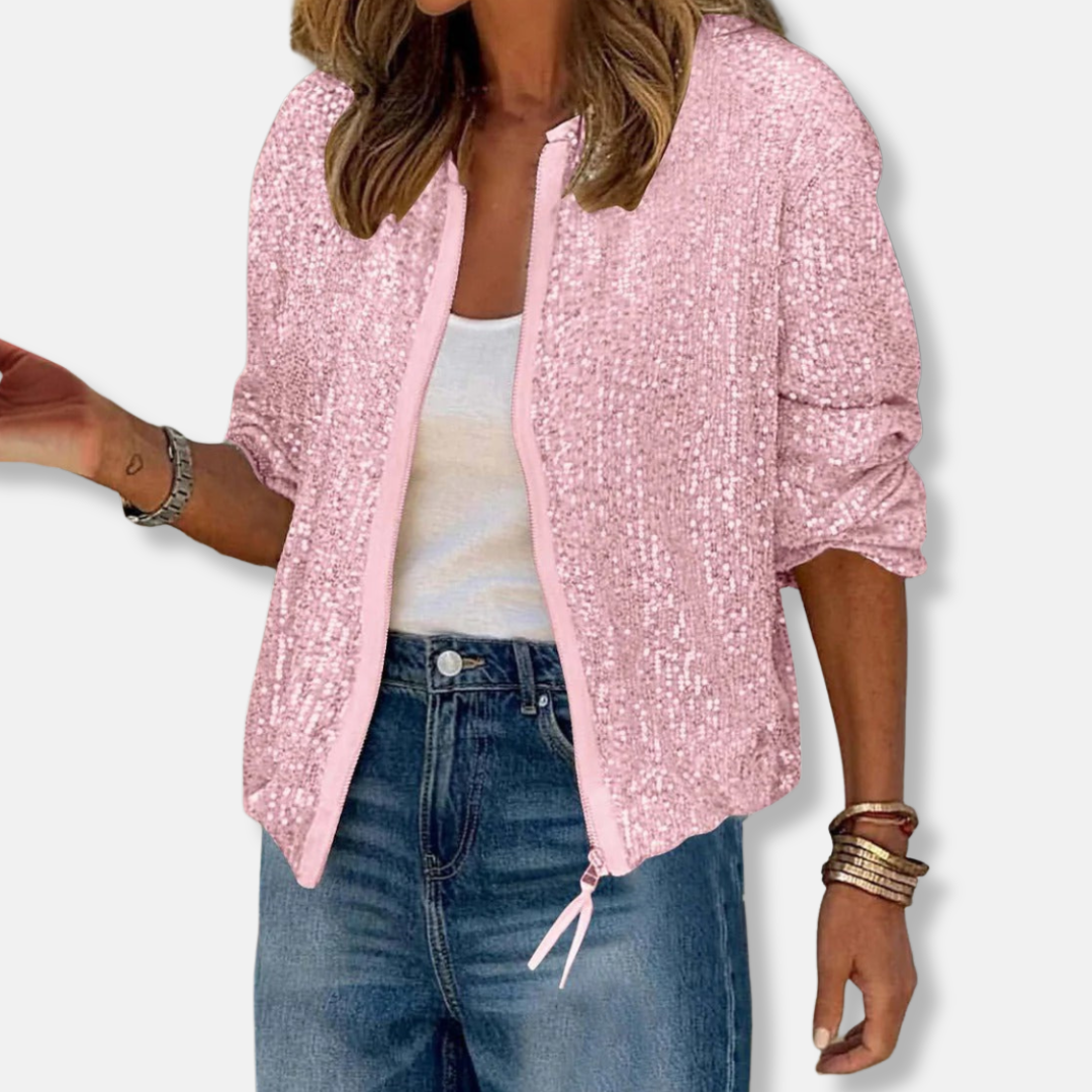 Isla Sequin Bomber Jacket | Relaxed Fit Hip-Length Bomber Jacket