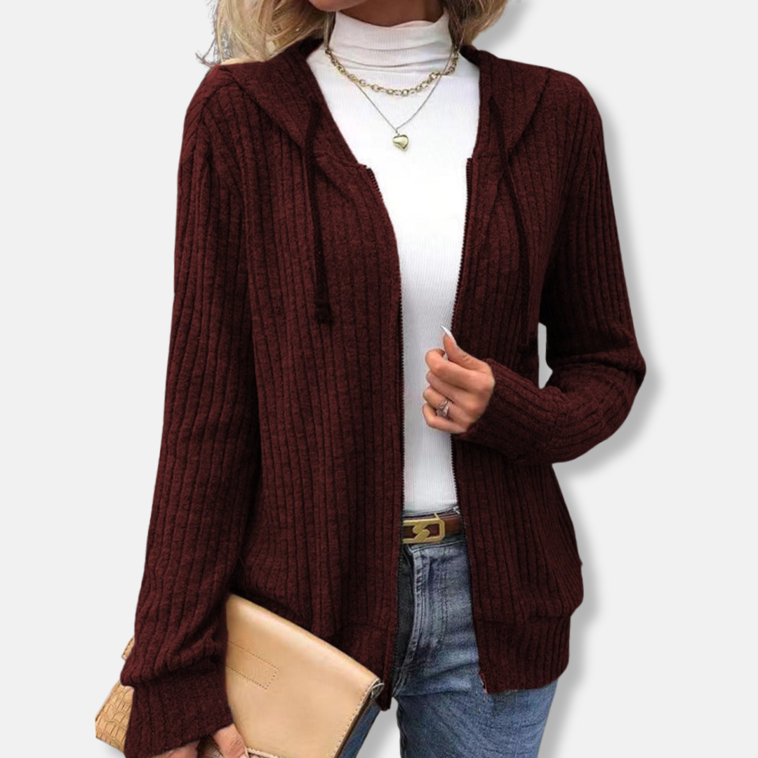 Isabella Wool Hooded Knit Cardigan | Ribbed Texture Zipper Front Cardigan