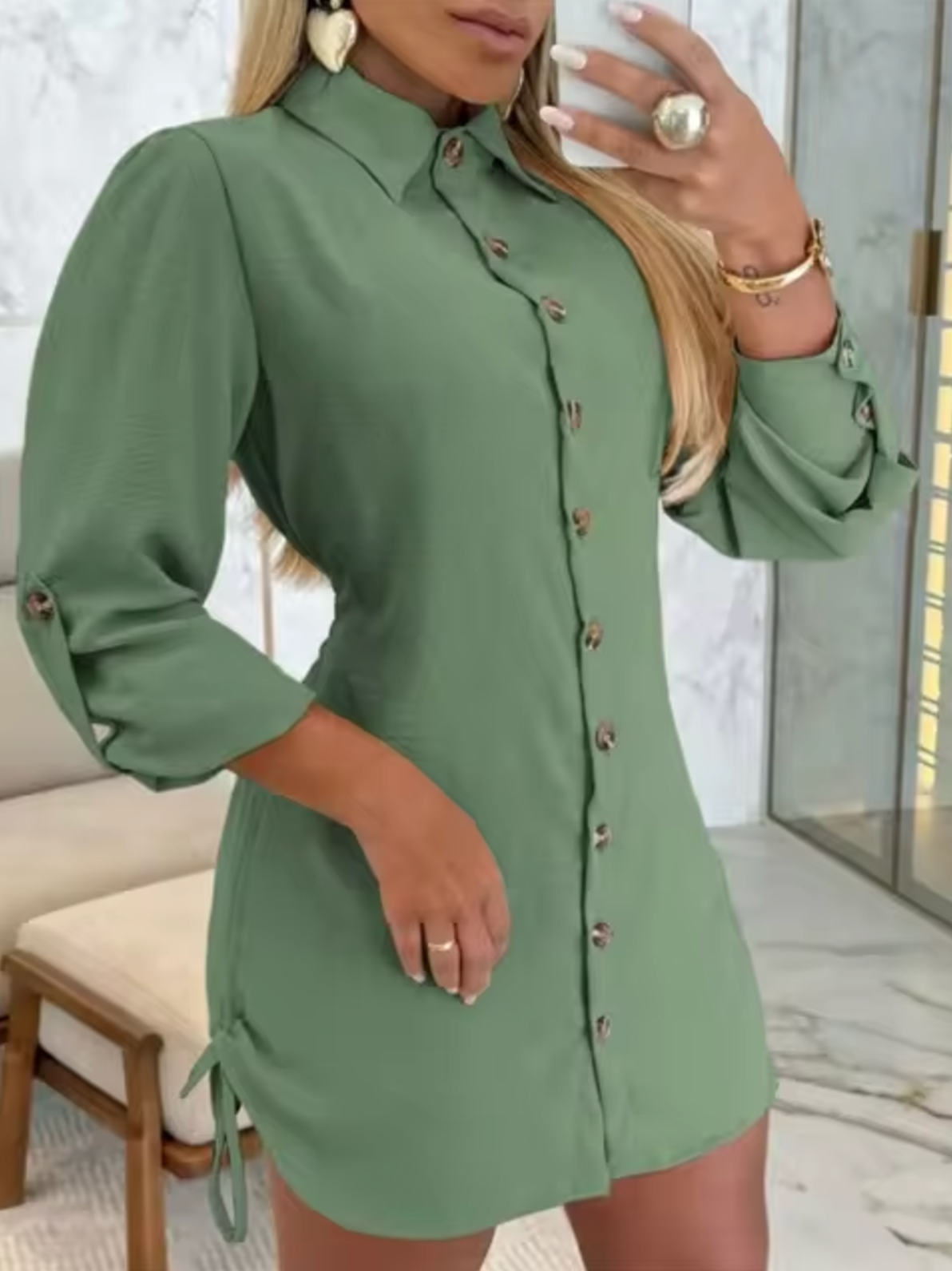 Women's Shirt Dress - Button-Down Collared - Three-Quarter Sleeve - Mini Length Tailored Fit