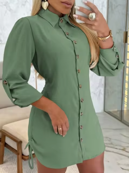 Women's Shirt Dress - Button-Down Collared - Three-Quarter Sleeve - Mini Length Tailored Fit