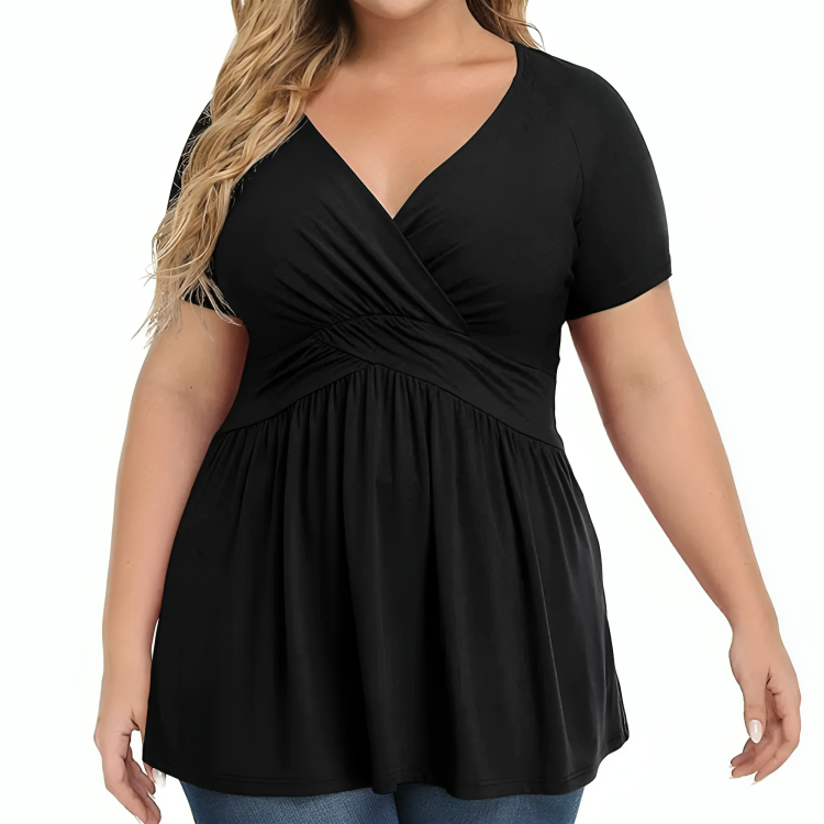 Women's V-Neck Wrap Top - Short Sleeve - Fitted Waist - Flared Peplum Design