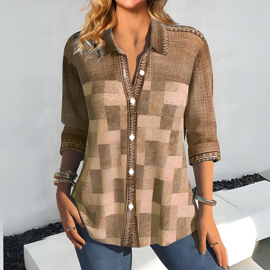 Women's Blouse - Button Down - 3/4 Sleeve - Lightweight Checkered Pattern