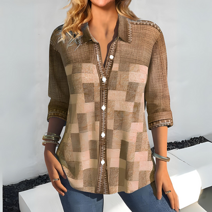 Women's Blouse - Button Down - 3/4 Sleeve - Lightweight Checkered Pattern