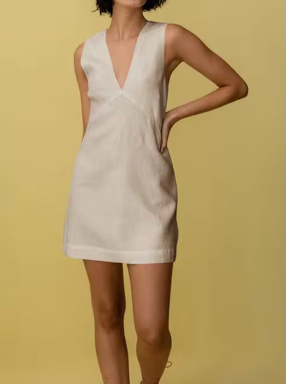Women’s Sleeveless Mini Dress - Deep V-Neck - Fitted Bodice - Elegant Casual Wear
