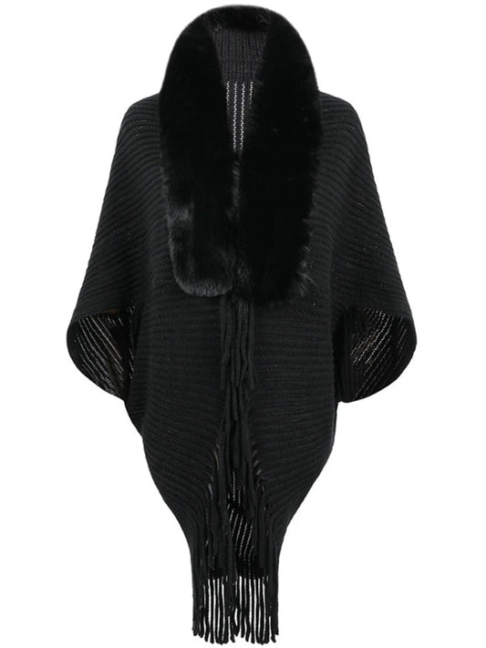 Knitted Fur Collar Cape Coat
