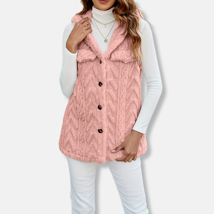 Women’s Hooded Vest – Fuzzy Knit – Relaxed Fit – Button Front – Casual Layering