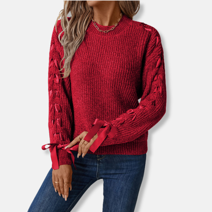 Women’s Pullover Sweater – Relaxed Fit – Soft Knit – Lace-Up Sleeve Detail – Textured Fabric