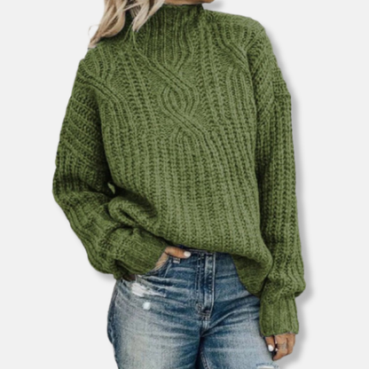 Women’s Pullover Sweater – Wool Cable Knit – High Neck – Relaxed Fit – Long Sleeve