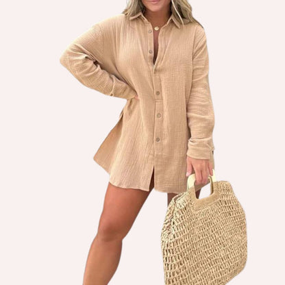 Women's Oversized Shirt Dress - Button Down - Long Sleeve - Lightweight Textured Fit