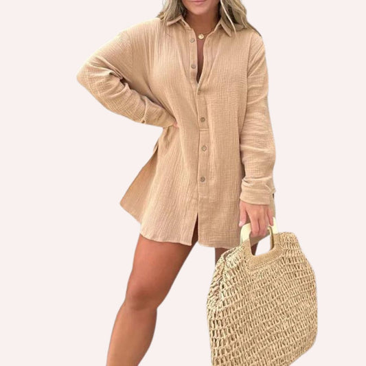 Women's Oversized Shirt Dress - Button Down - Long Sleeve - Lightweight Textured Fit