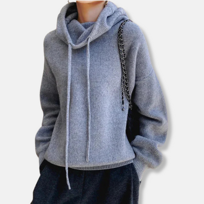 Women’s Knitted Sweatshirt – Oversized Fit – Soft Plush Knit – Cowl Neck Drawstring
