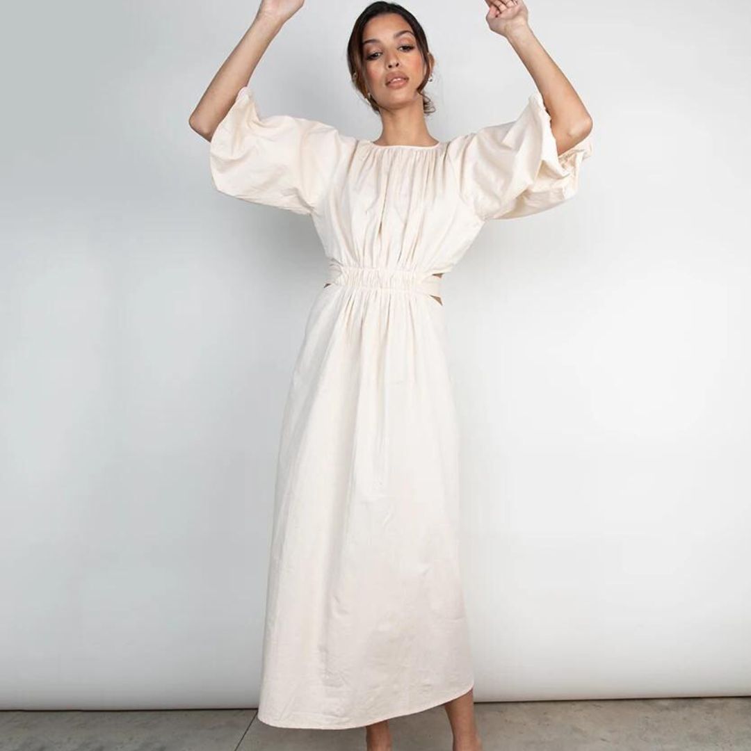 Women's Midi Dress - Puff Sleeve - Cut-Out Waist - A-Line Flowy Silhouette
