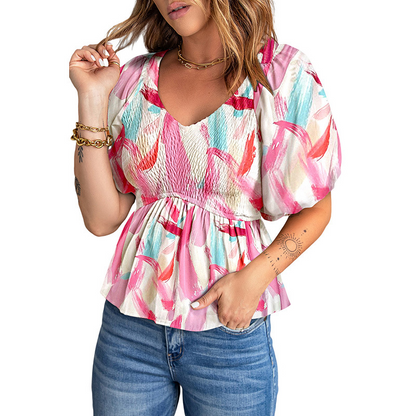 Women's Blouse - V-Neck - Puff Sleeve - Smocked Waist - Floral Print Peplum