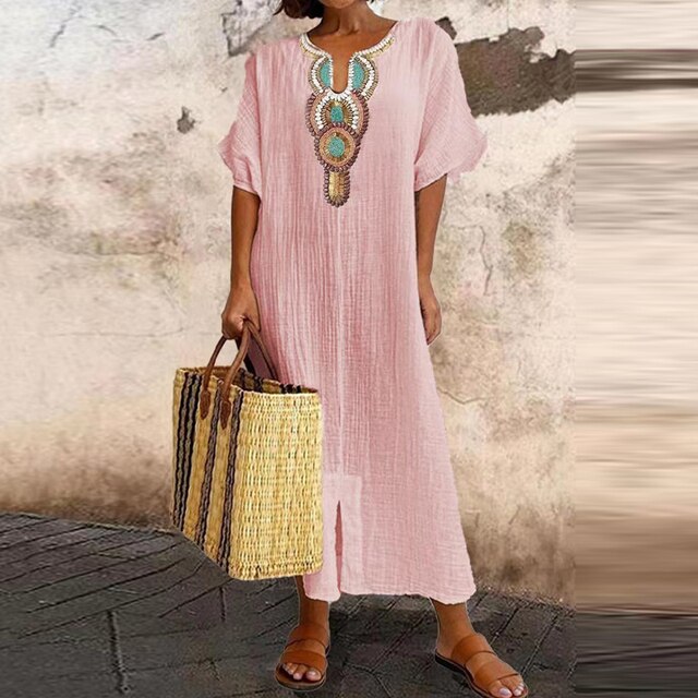 Women's Kaftan Dress - Lightweight Flowy Fabric - Beaded V-Neck - Short Sleeve