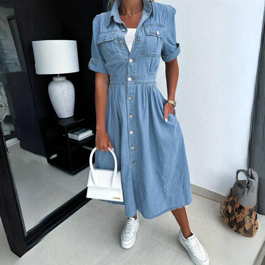 Cinched Waist Button-Down Denim Shirtdress