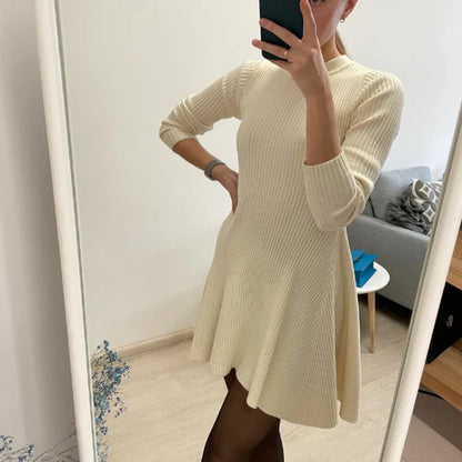 Women's Knitted Ribbed Mini Dress - Long Sleeve - Fitted A-Line Silhouette