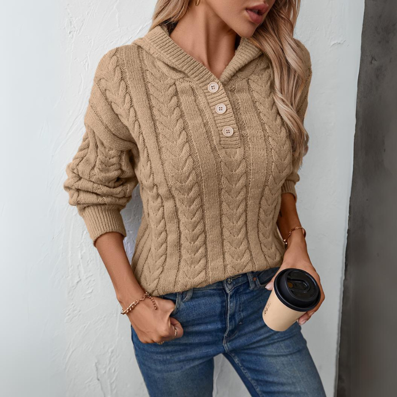 Women's retro buttoned cable knit hoodie sweater