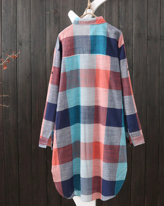 Oversized Plaid Button-Up Tunic Shirt