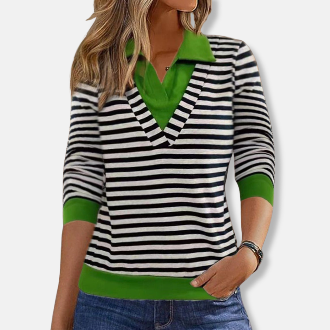 Aurora Relaxed Fit Sweatshirt | Striped V-Neck Hip-Length Sweatshirt