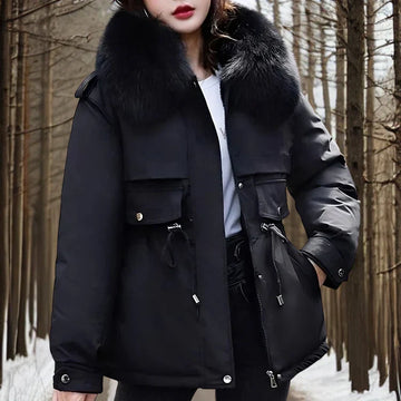 Women's slim waist cotton parka with rabbit fur lining