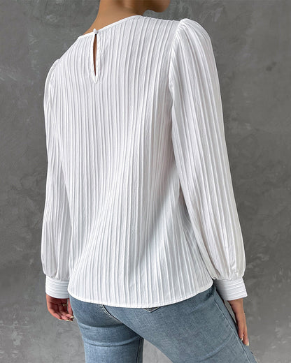 Women's Blouse - Pleated Texture - Balloon Sleeve - Crew Neck Elegant Fit