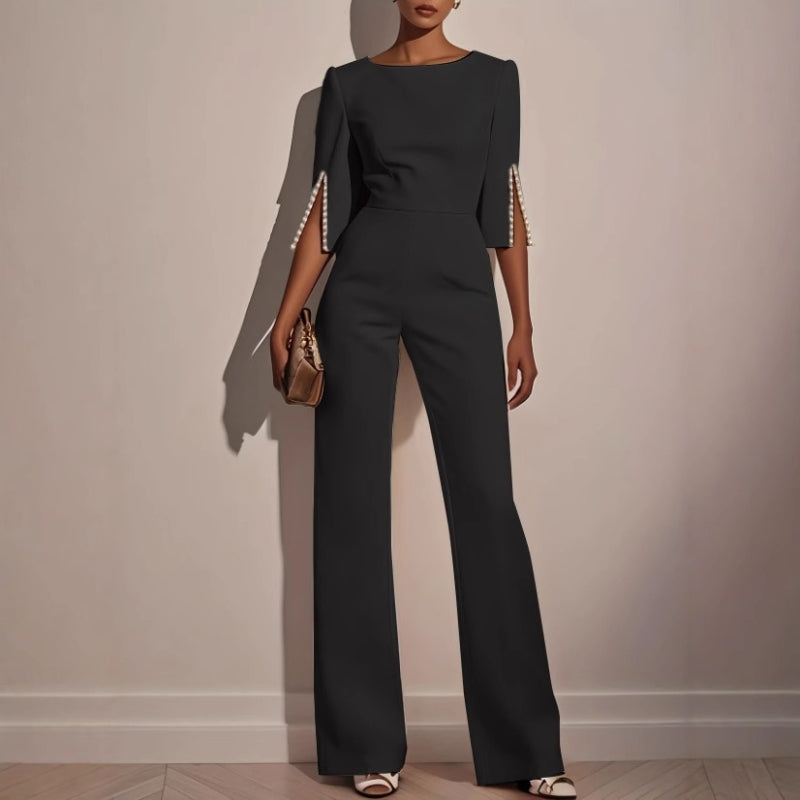 Isla Fitted Jumpsuit | Pearl Embellishments Three-Quarter Sleeve Jumpsuit