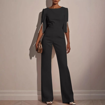 Isla Fitted Jumpsuit | Pearl Embellishments Three-Quarter Sleeve Jumpsuit