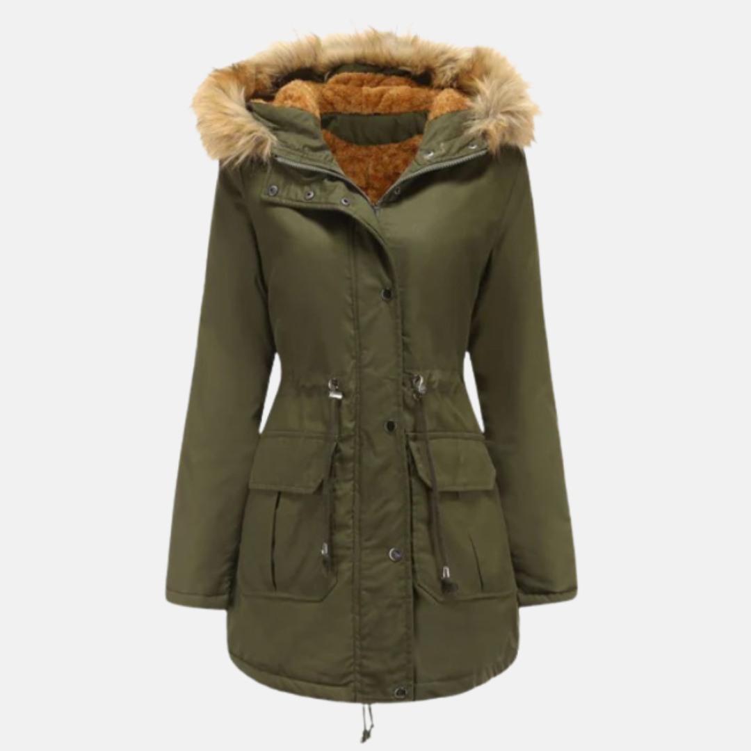 Women’s Parka Jacket – Tailored Fit – Faux Fur Hood – Mid-Thigh Length