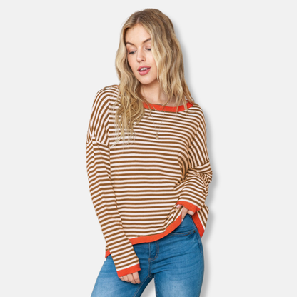 Women’s Sweater – Relaxed Fit – Knitted Pullover – Striped – Drop Shoulder Casual Wear