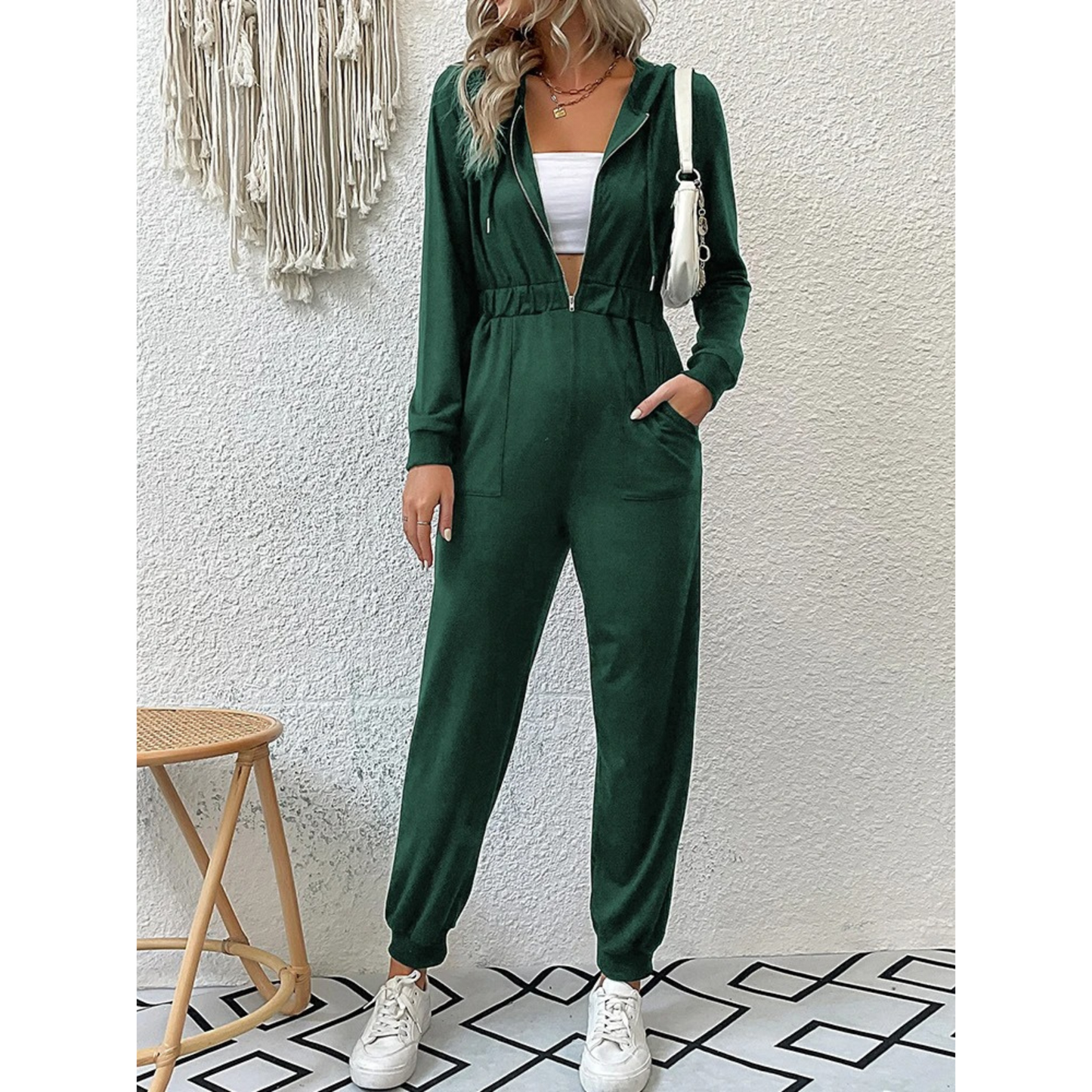 Women's Hooded Jumpsuit - Zip Front - Elastic Waist - Long Sleeve - Tapered Fit