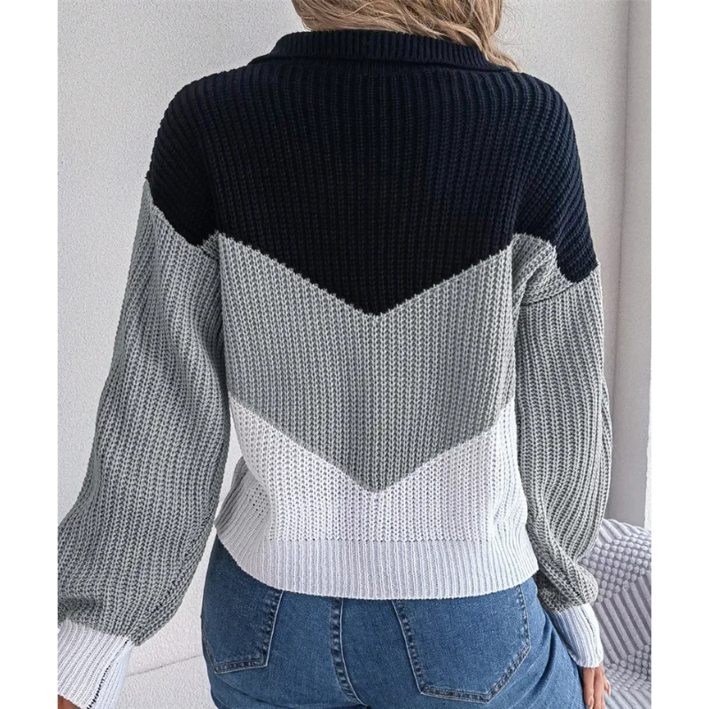 Women's contrast color lapel knitted pullover sweater