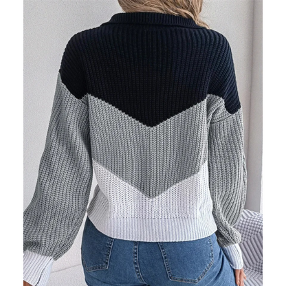 Women's contrast color lapel knitted pullover sweater