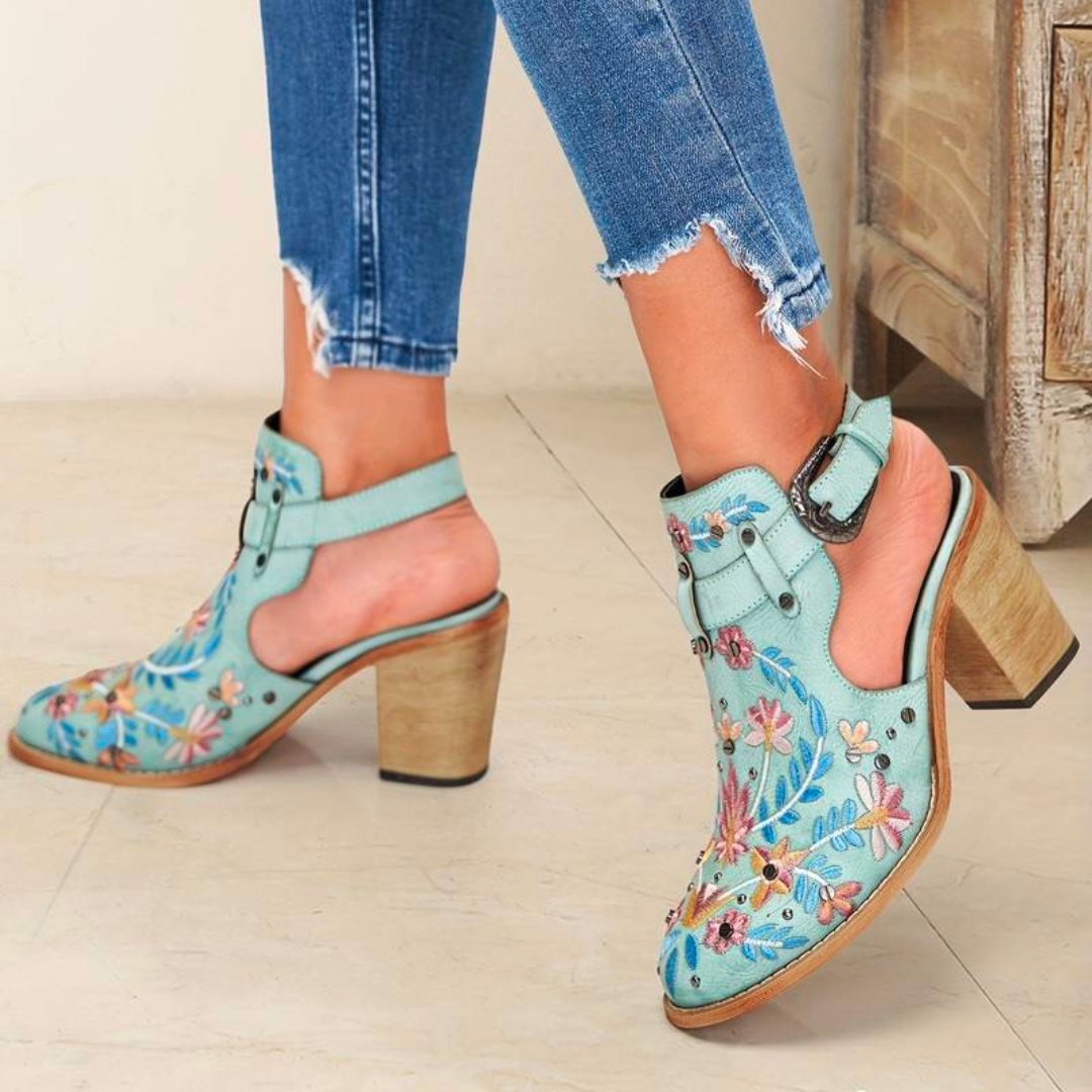 Women's Ankle Boots - Western Style - Embroidered Floral - Stacked Heel - Buckle Strap