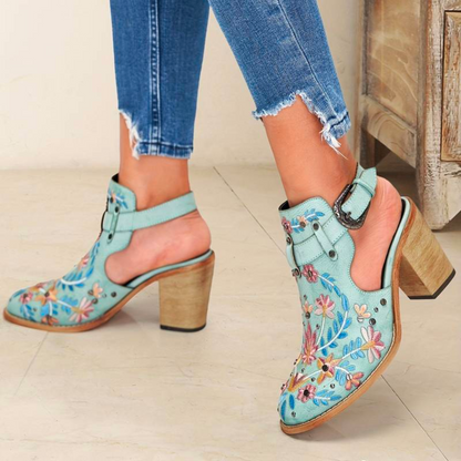 Women's Ankle Boots - Western Style - Embroidered Floral - Stacked Heel - Buckle Strap