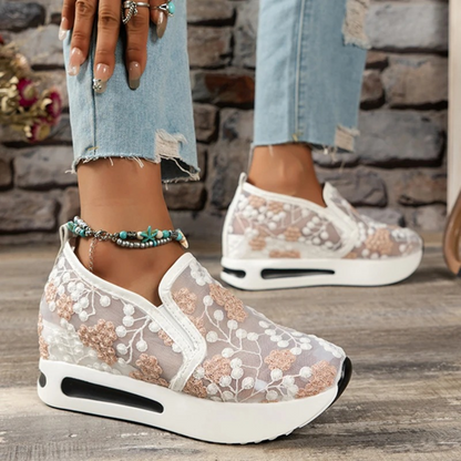Women's Slip-On Sneakers - Floral Lace Mesh - Platform Sole - Cushioned Air Support
