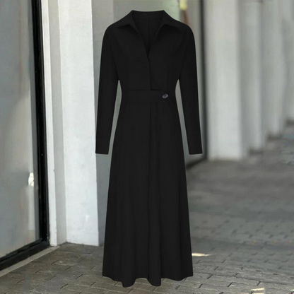 Women's Long Dress - Shirt Collar - Belted Waist - Button Front - Side Slits