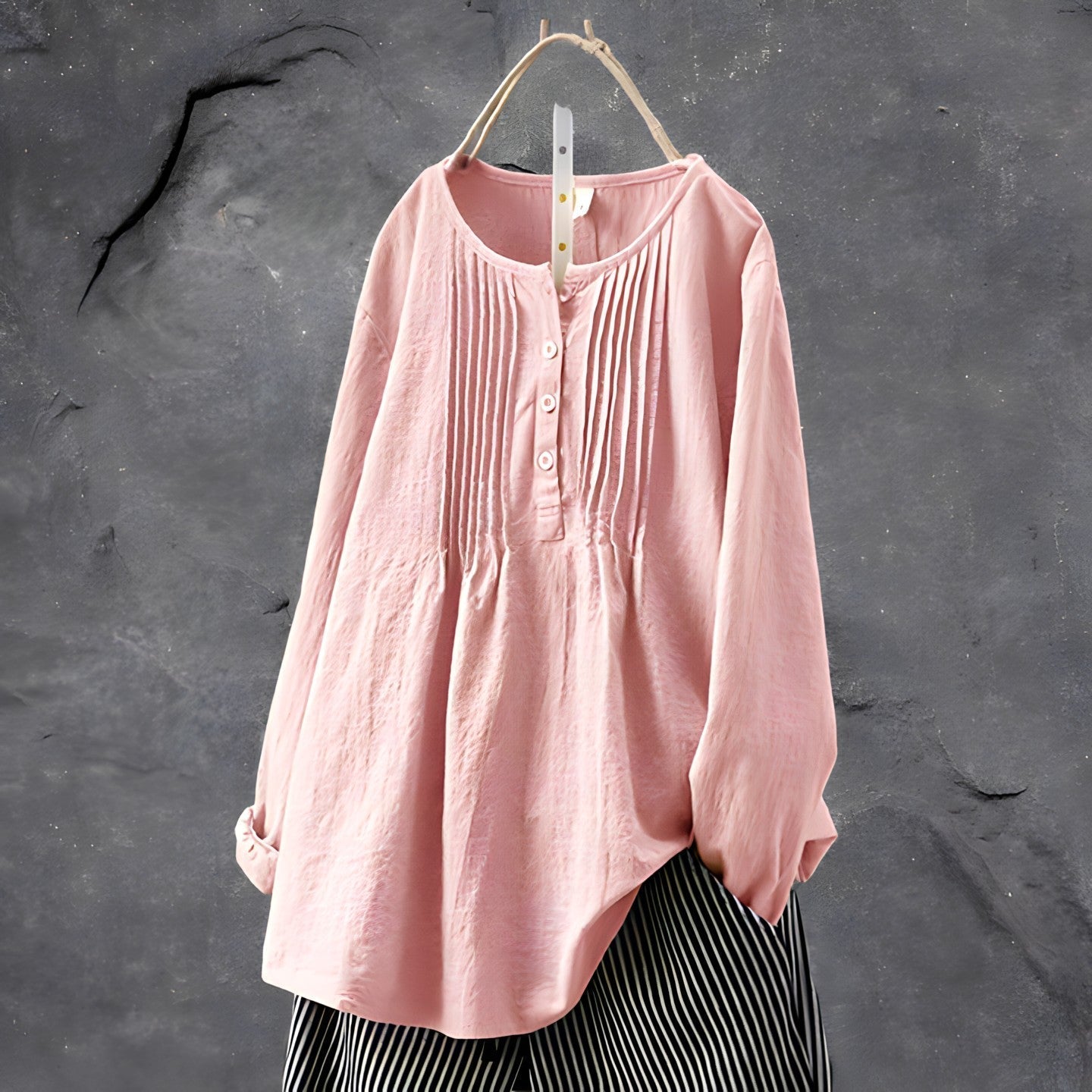 Women's Blouse - Loose Fit - Crew Neck - Button Front - Long Sleeve Pleated Design