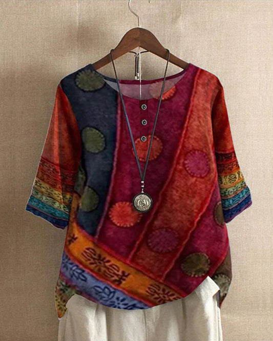 Patchwork Print Relaxed Fit Bohemian Blouse
