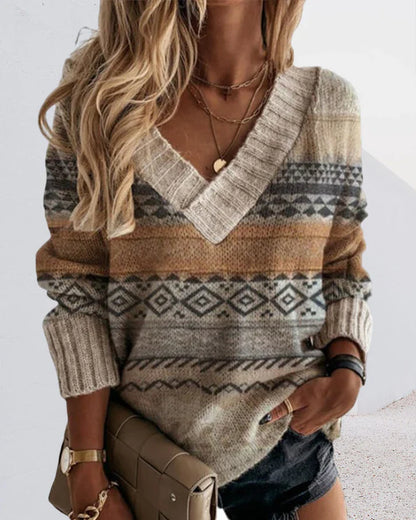 Women's printed v-neck loose knit pullover sweater