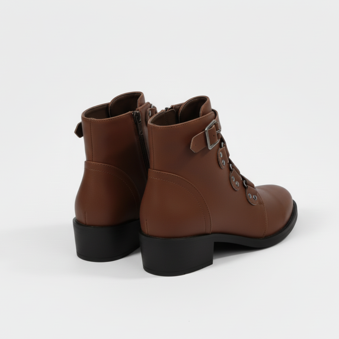 Women’s Ankle Boots - Faux Leather - Side Zipper - Buckle Strap - Block Heel