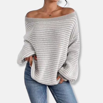 Women’s Sweatshirt - Knitted - Loose Fit - Boat Neckline - Lantern Sleeve