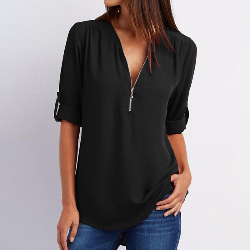 Women's V-Neck Blouse – Flowy Fit – Three-Quarter Roll-Tab Sleeves – Zipper Accent