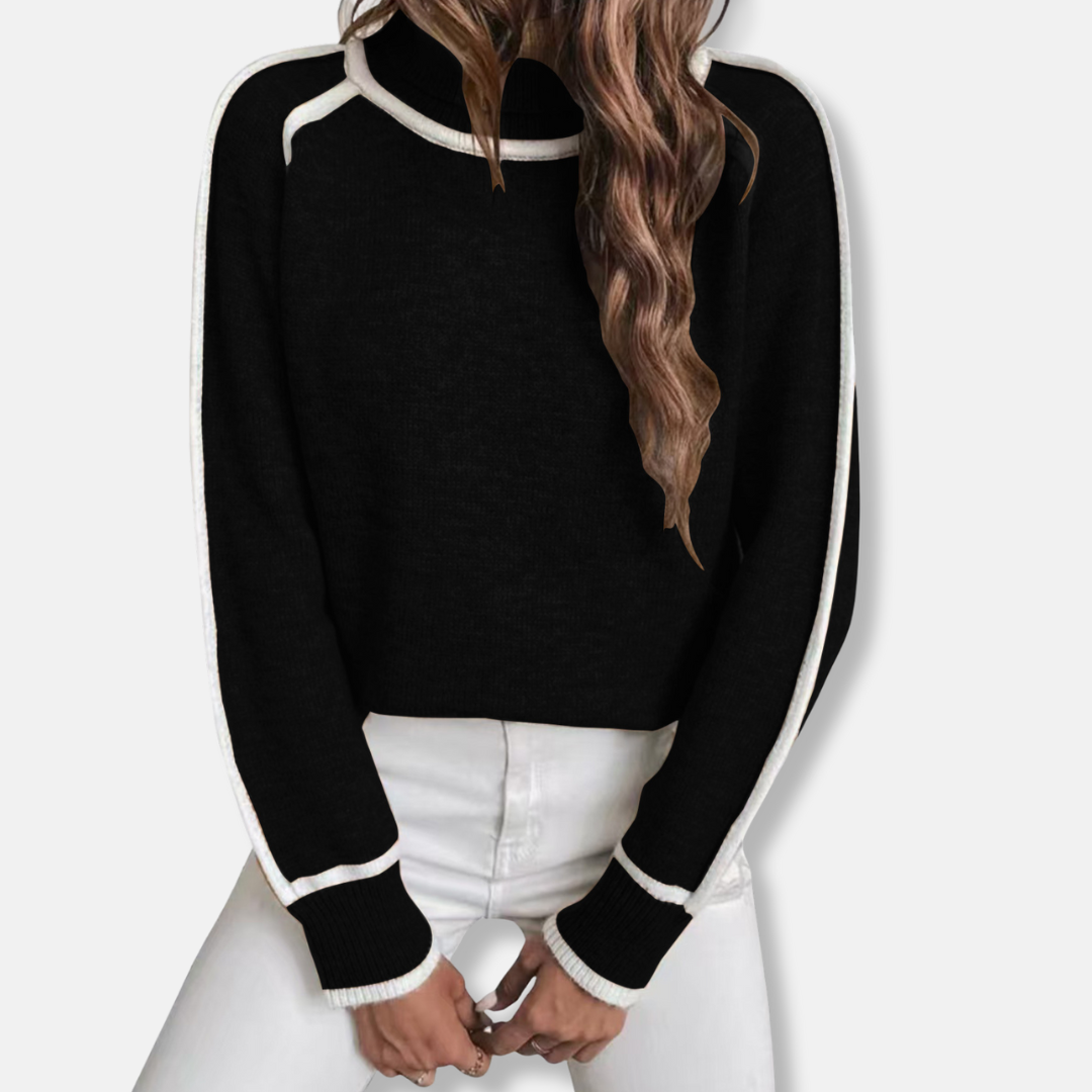 Women’s Sweater – Knit Relaxed Fit – High Roll Neck – Stripe Sleeve Detail