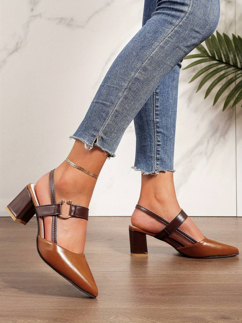 Women's Slingback Heels - Pointed Toe - Block Heel - Adjustable Strap Elegant Design