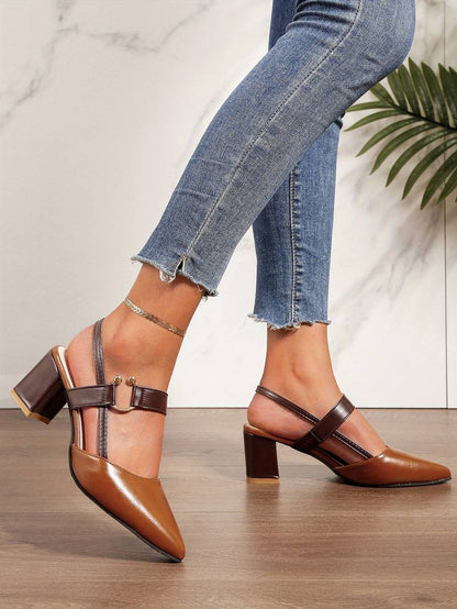 Women's Slingback Heels - Pointed Toe - Block Heel - Adjustable Strap Elegant Design