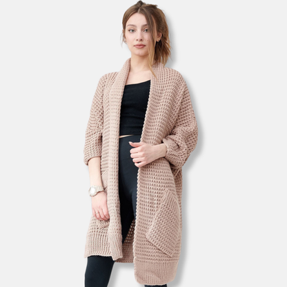 Women’s Knitted Coat – Oversized Fit – Chunky Wool Blend – Open Front – Patch Pockets