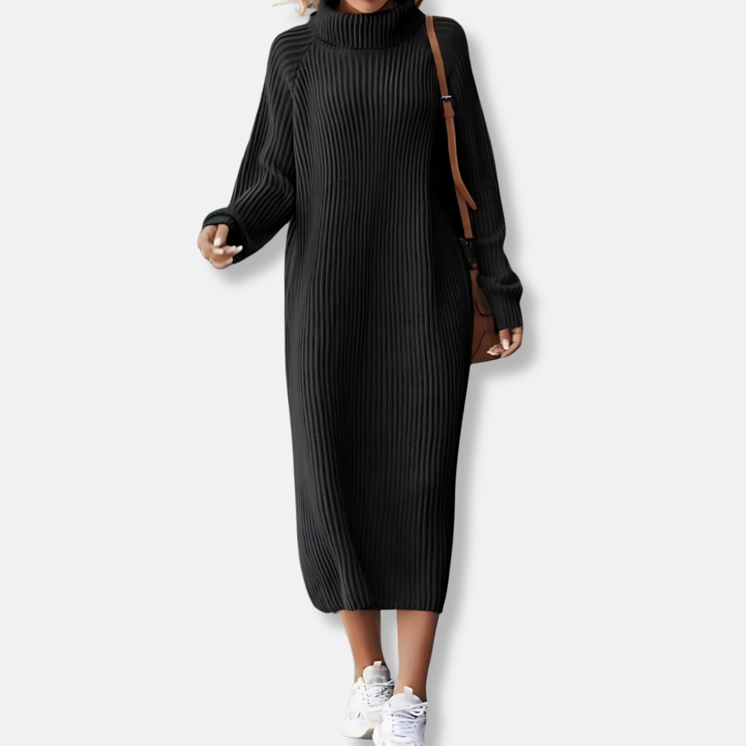Ribbed Knit Turtleneck Midi Dress
