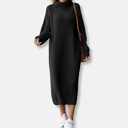 Women’s Dress - Knit - Turtleneck - Long Sleeve - Midi Length - Ribbed